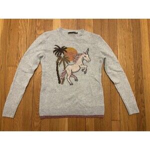 COACH 1941 Uni Intarsia Gray Sweater S Wool/Cashmere Unicorn Palm Tree Metallic